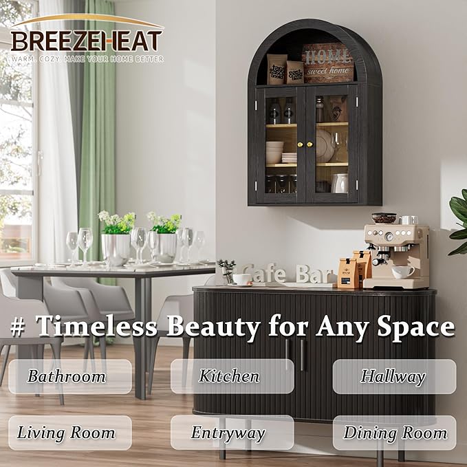 BREEZEHEAT Arched Medicine Cabinet with Glass Doors, Adjustable Shelf, Wall Mounted Bathroom Storage Cabinet Over Toilet, Black Wood Grain, 23.6''W × 31.5''H