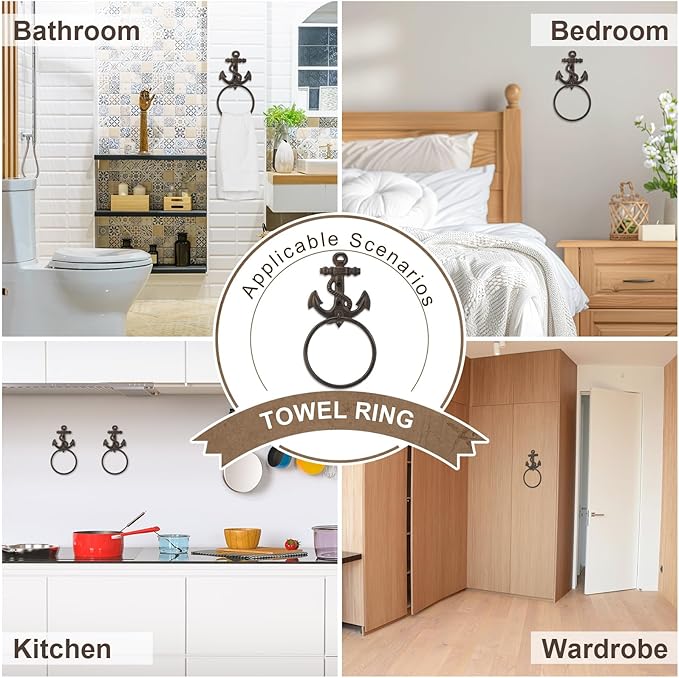 2 Pcs Nautical Towel Ring Cast Iron Anchor Hand Towel Holder Vintage Decorative Wall Mount Kitchen Bathroom Hanger for Ocean Nautical Bathroom Decor Accessories(Rust)