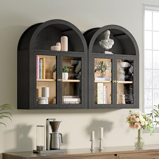 Furnaza Arched Wall Mounted Display Medicine Cabinets with Tempered Glass Doors and Adjustable Shelf for Bath or Living Room (Black, 24" W X2pcs)