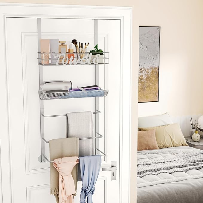 SWTYMIKI Over The Door Towel Racks for Bathroom - 5-Tier Wall Mounted Bathroom Towel Storage Organizer Holder with Metal Shelf, Sliver
