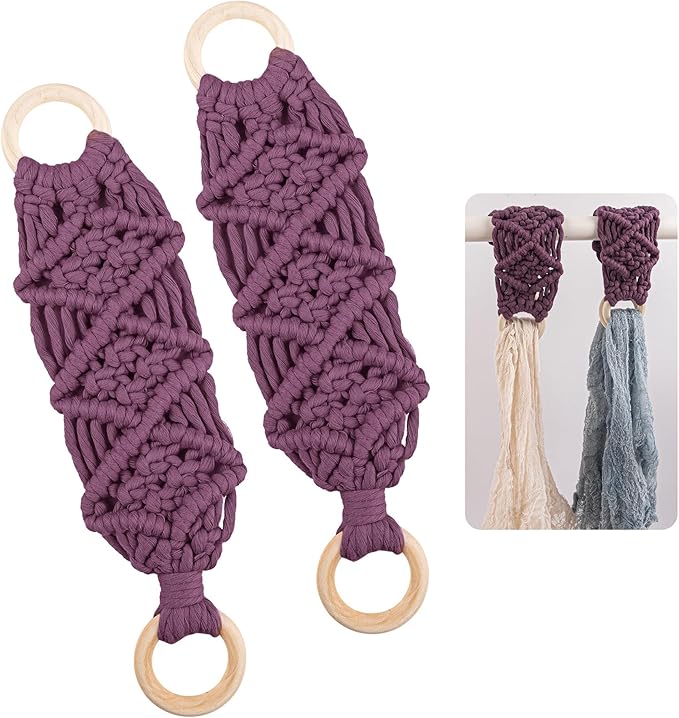 Framendino, 2 Pack Kitchen Crochet Towel Hanging Rings Macrame Dish Loop Holder for Cabinets Oven Door (Purple)