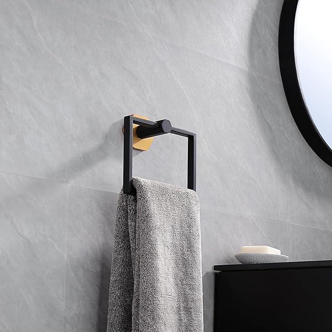 GERZWY Modern Towel Holder Stainless Steel Towel Ring for Bathroom Lavatory Wall Mount Contemporary Style (Black & Gold)