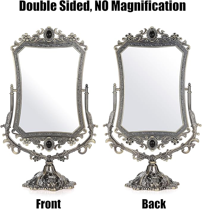 JUXYES Metal Tabletop Antique Decorative Makeup Mirror with Stand, Vintage 360° Swivel Double Sided Cosmetic Mirror with Frame, Retro Desktop Dressing Mirror Magic Mirror for Dresser