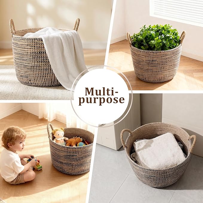 Laundry Hamper, Wicker Laundry Baskets with Handles, Storage Baskets, Woven Basket Decorative Baskets for Shelves, Basket for Gifts, Closet, Pantry, and Home Organization, Set of 3, Multi-Size