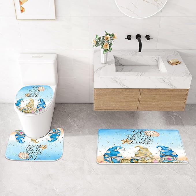 Litabel 4 Pcs Summer Gnomes Shower Curtain Set with Non-Slip Rugs, Toilet Lid Cover and Bath Mat, Sea Beach Starfish Country Bathroom Decor Set with Shower Curtain and Rugs(Hooks Not Included)