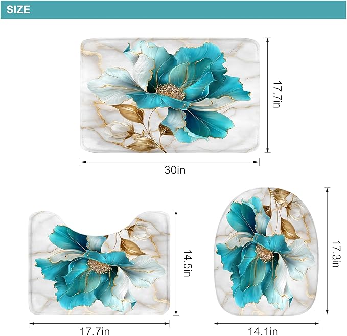 Riyidecor Teal Gold Marble Floral 4Pcs Bathroom Shower Curtain Sets Modern Flower Abstract Bathroom Decor Set with Rugs and Accessories Minimalist Toilet Lid Rug, Contour and Bath Mat with 12 Hooks