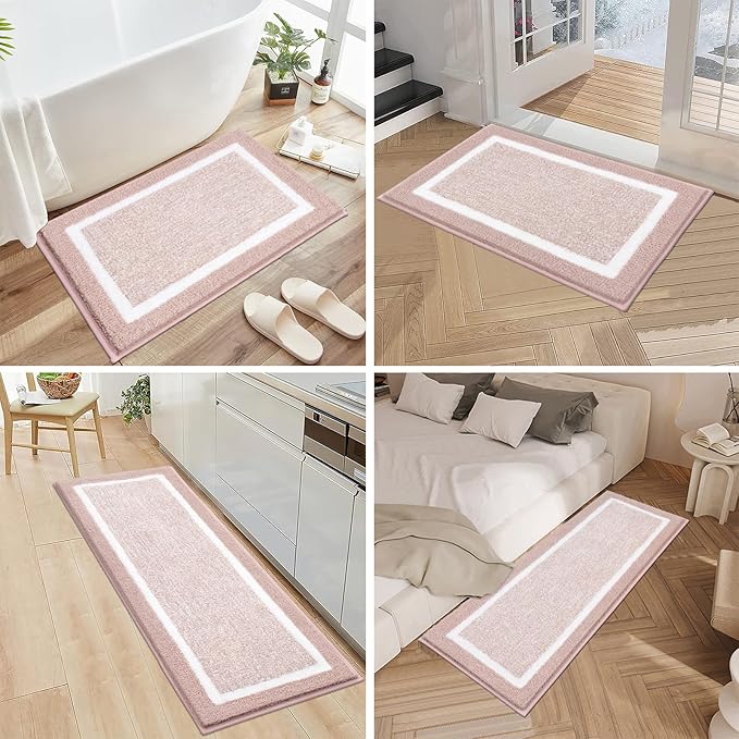 Pauwer 3-Piece Bathroom Shower Rug Set with U-Shaped Contour Toilet Mat, Absorbent Microfiber Plush Bath Mats, Non-Slip, Machine Washable Shaggy Bathroom Floor Mats, Dusty Pink