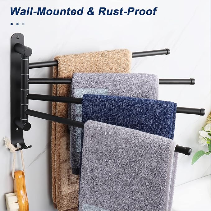 NearMoon Swivel Towel Rack, 13.8" Thicken 304 Stainless Steel 4-Arm Towel Bar, Space Saving Wall Mounted Towel Holder with Hook, Rustproof Swing Out Towel Hanger for Bathroom, Kitchen (Matte Black)