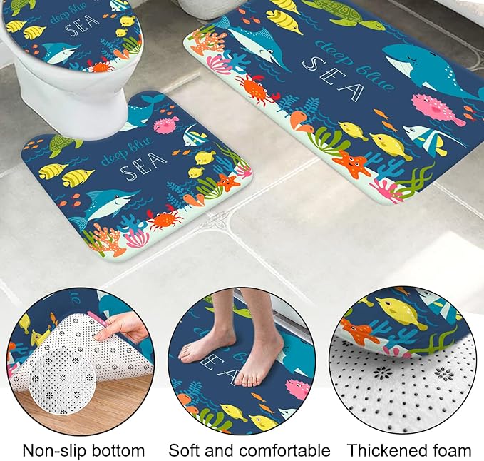Lnond 4 Pcs Kids Bathroom Shower Curtain Set, Blue Sea Whales Bathroom Sets for Kids Bathroom Decoration with Shower Curtain, Non Slip Bathroom Rugs, Toilet Lid Cover, U Toilet Mat and 12 Hooks