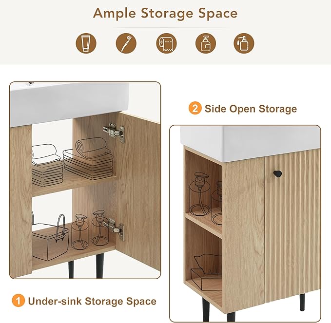 Virubi 21.6 in Small Bathroom Vanity with Sink,Doors and Storage Shelves,Wood Modern Single Fluted Bathroom Sink Cabinet Freestanding (Natural Wood,Left Shelf)