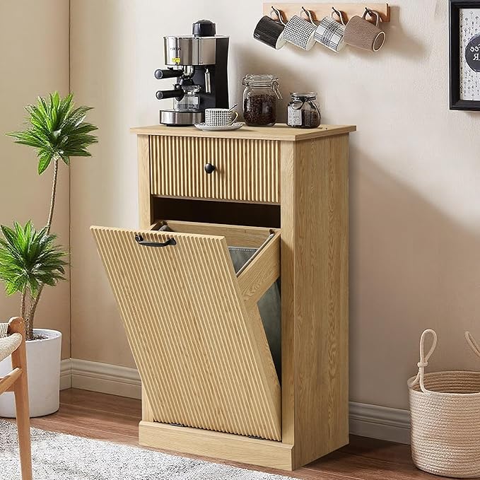 36" H Tilt Out Laundry Hamper Cabinet, Modern Fluted Trash Can Cabinets with Drawer, Wooden Hidden Garbage Cabinet for Kitchen and Bathroom (Natural Oak, Single)