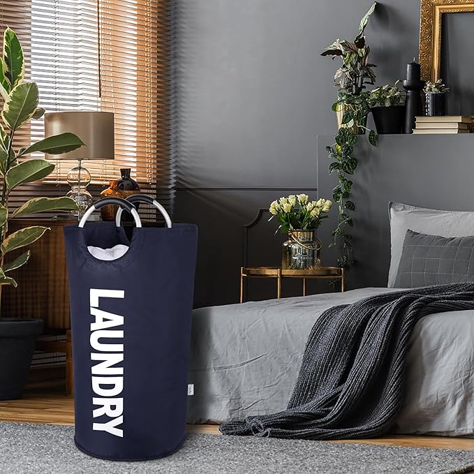 Large Laundry Basket Collapsible 95L, Tall Laundry Bag with Handles for Boys, Student, ?€? Fioldable Dirty Clothes Hampers for College Dorm???Laundry Room, Lightweight, Sturdy - Navy Blue