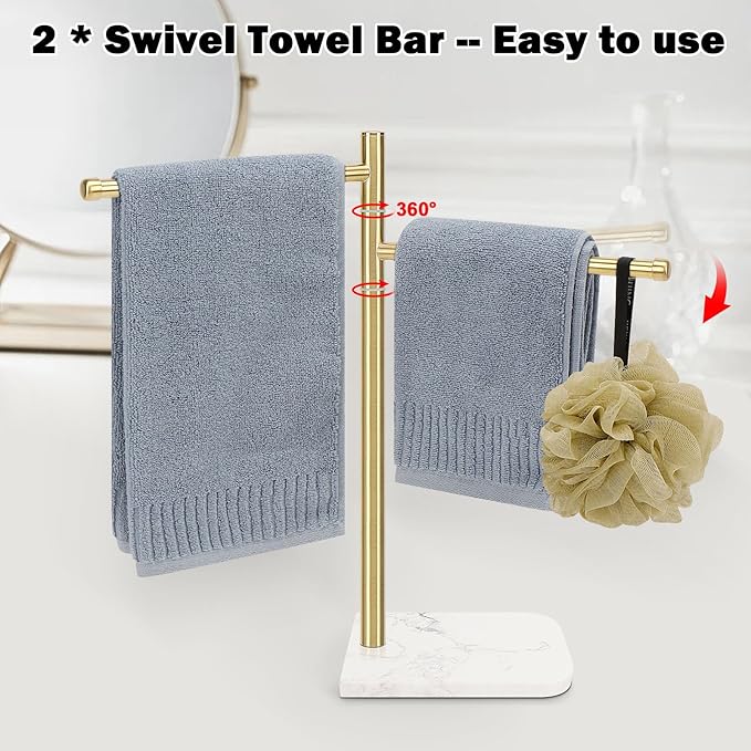 Standing Hand Towel Holder, Hand Towel Stand with Marble Base, 304 Stainless Steel Towel Rack with 2 Swivel Arm, Countertop Stand Towel Ring Towel Bar for Bathroom (Gold)