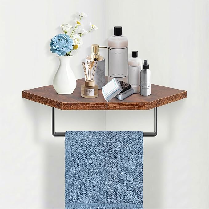 Hand Towel Holder/Towel Ring with Wooden Shelf, Hand Towel Rack, Hand Towel Hanger for Bathroom, Corner Bath Accessories Wall Mounted, Matte Black (9.2"-Diamond Shaped)