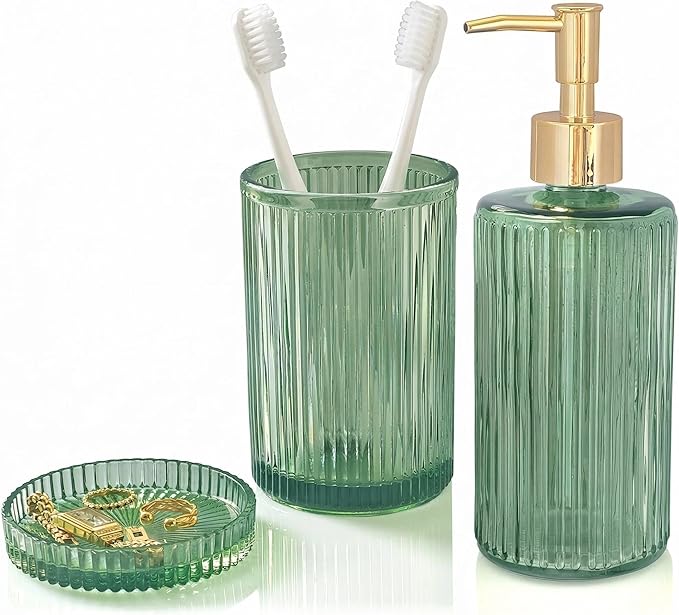 3 Pcs Green Bathroom Accessories Set, Glass Bathroom Set, Soap Dispenser, Toothbrush Holder, Jewelry Tray, Modern Bathroom Decor, Housewarming Gift Set