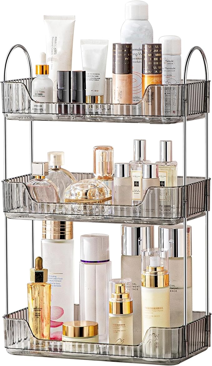 Bathroom Organizer Countertop, Vanity Trays for Skincare Makeup, Counter Organizer for Cosmetics, Toiletries, Lotions, Perfumes (3 Tiers, Grey)