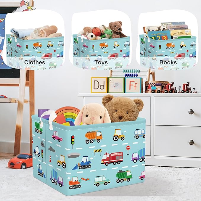 Cars Laundry Hamper Cartoon Vehicle Large Storage Basket Collapsible Parents Organizer Boy Toy Clothes Bins for Bedroom, Bathroom, Fire Engine, 36L