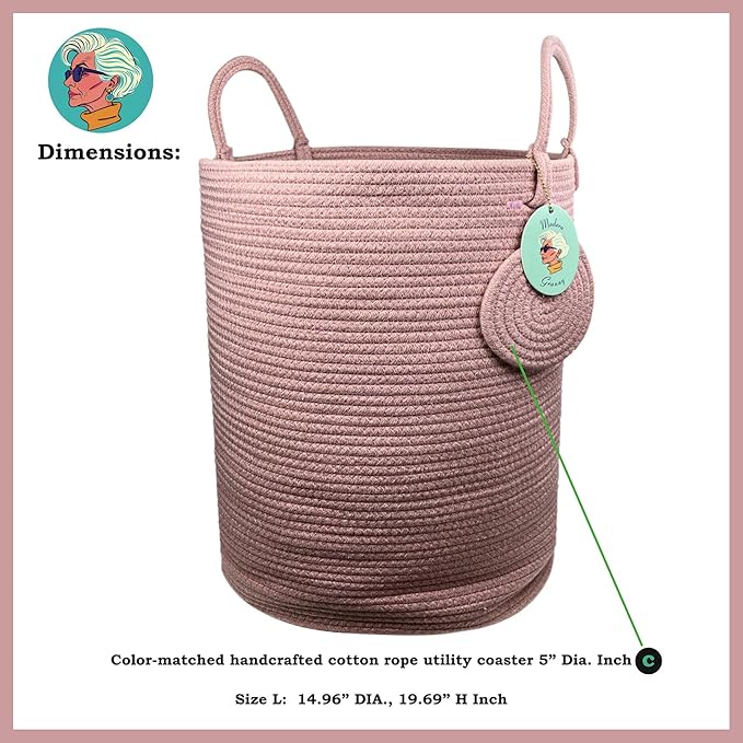 Modern Granny Large Cotton Rope Laundry Hamper 15x20 Inch Dual Secure Woven Handle for Living Room Closet Clothes Blanket Organization