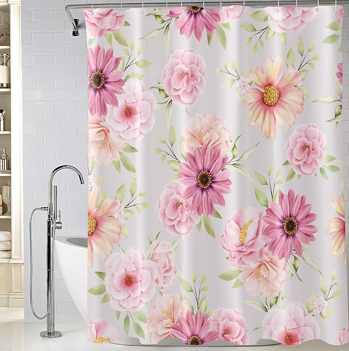 Pink Daisy Peony Flower Shower Curtains, Watercolor Floral Green Leaves Waterproof Fabric Botanical Bathroom Shower Curtain, 72 x 72 Inch