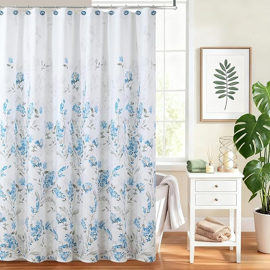 Blue Gray Floral Fabric Shower Curtain, Watercolor Flower Plant Shower Curtain, Waterproof Decorative Boho Botanical Bathroom Curtains, 72" W x 72" H