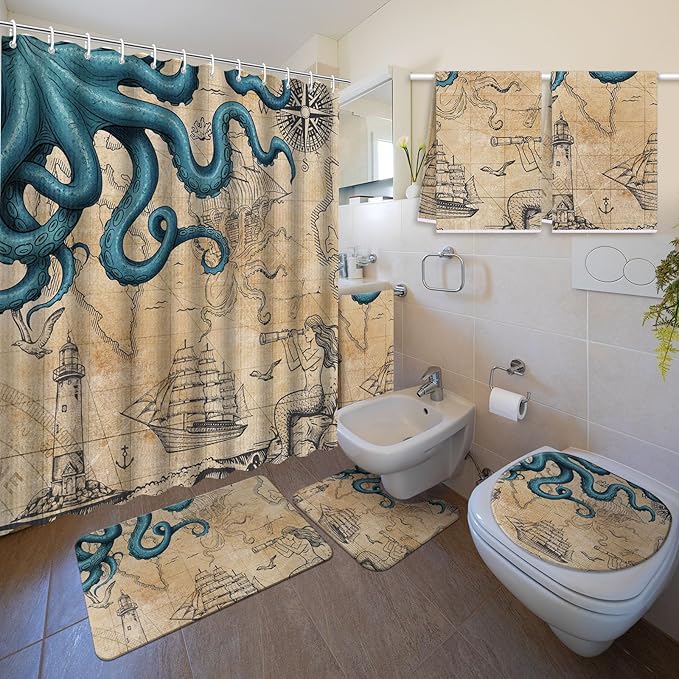 Nuanchu 6 Pcs Vintage Nautical Octopus Shower Curtain Set with Rug Retro Coastal Bathroom Set with Shower Curtain Bath Mat U Shaped Mat Toilet Lid Cover 2 Bath Towels and 12 Hooks Ocean Bathroom Decor