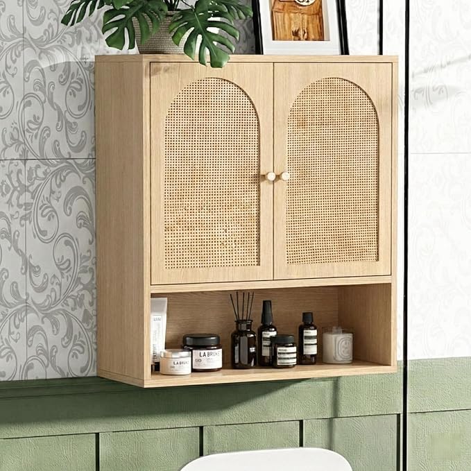 VINGLI Rattan Bathroom Wall Cabinet, Boho Medicine Cabinet with 2 Handwoven Rattan Doors & Adjustable Shelf, Wood Hanging Storage Cabinet with Open Shelf for Kitchen, Laundry, Entryway, Oak Finish