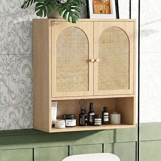 VINGLI Rattan Bathroom Wall Cabinet, Boho Medicine Cabinet with 2 Handwoven Rattan Doors & Adjustable Shelf, Wood Hanging Storage Cabinet with Open Shelf for Kitchen, Laundry, Entryway, Oak Finish