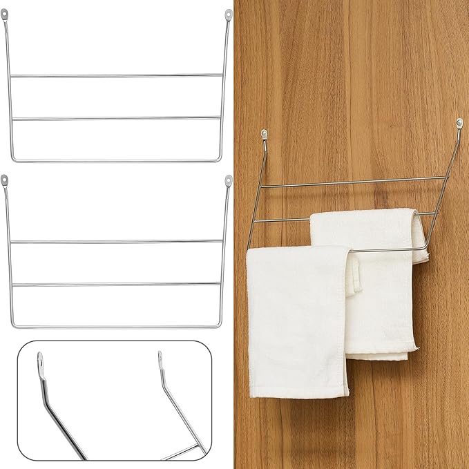Blulu 2 Pcs Under Sink Towel Holder for Kitchen and Bathroom Cabinets 3 Folded 3 Tier Towel Rack Wire Chrome Dish Rag Holder Door Mount Wire Dish Rack Hanger for Family Kitchen Bathroom Cabinet Door
