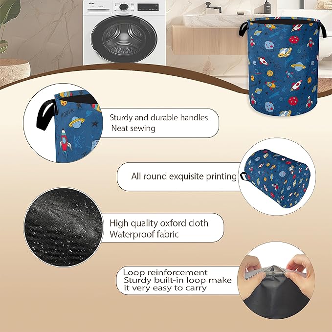 Cartoon Planets Rockets Laundry Hamper,Out Space Clothes Hamper for Laundry,Waterproof Oxford Toy Storage Collapsible Hampers for Bedroom, Dorm Room,Bathroom,16x20 Inch