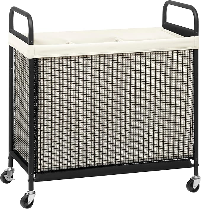STORAGE MANIAC Rolling Laundry Hamper with Wheels 3-Section Laundry Sorter Rolling Laundrys Basket on Wheels with Removable Bag Clothes Hamper Laundrys Organizer Cart Bathroom Bedroom 120L Beige