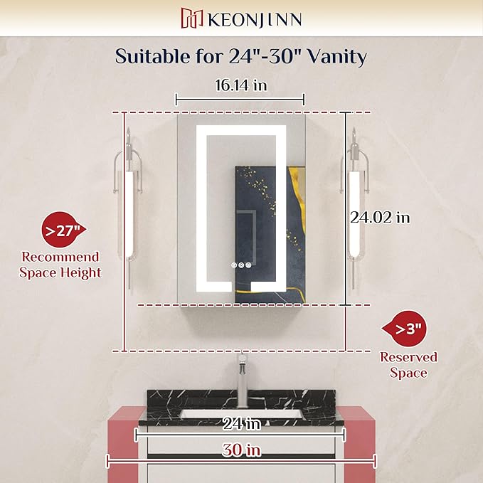 Keonjinn 16x24 Inch Lighted Medicine Cabinet for Bathroom with Outlets, Anti-Fog Lighted Medicine Cabinet with Mirror 3 Colors Dimmable, Tempered Glass UL Listed Front Lit Bathroom Mirror with Storage