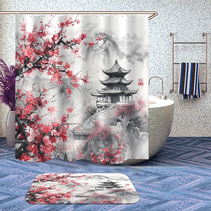 Japanese Cherry Blossom Bathroom Shower Curtain Set with Rugs,Toilet Lid Cover, Bath Mat, Anime Pink Flowers Mountains Shower Curtain with 12 Hooks, Durable Bathroom Decor Set