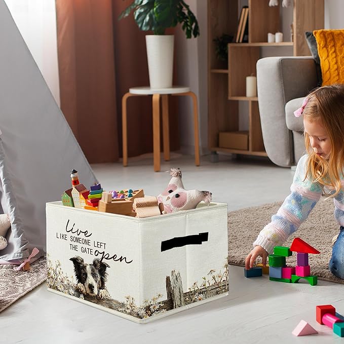 Border Collie Gifts Storage Bins with Handles, Rustic Farmhouse Dog Foldable Basket for Organizing, Live Like Someone Left the Gate Open Collapsible Storage Basket for Bedroom Bathroom