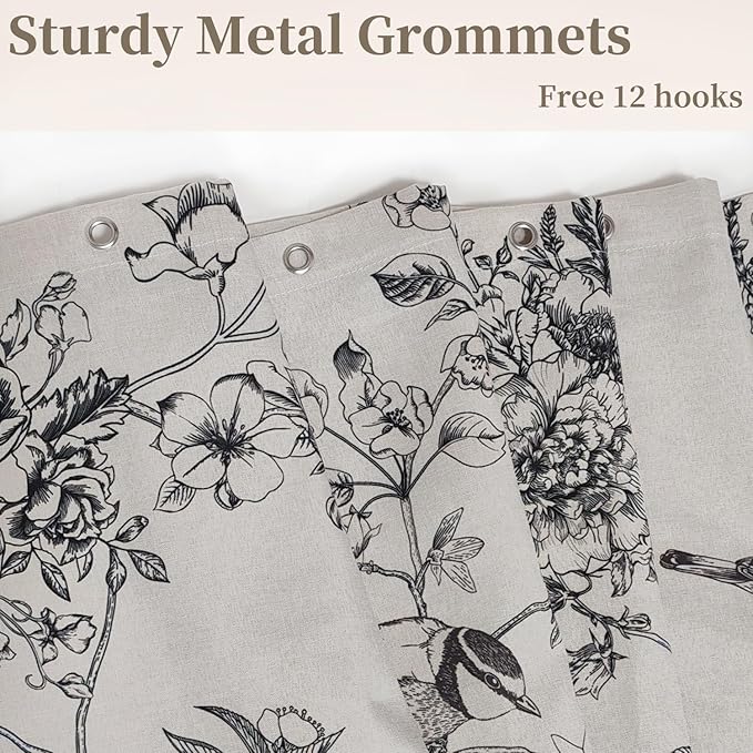 MUGINYU Black Vintage Floral Linen Shower Curtain - Bird & Leaf Print Pattern Farmhouse Rustic Toile Shower Curtains for Bathroom - French Country Bathroom Decor,72x72 Bath Curtain