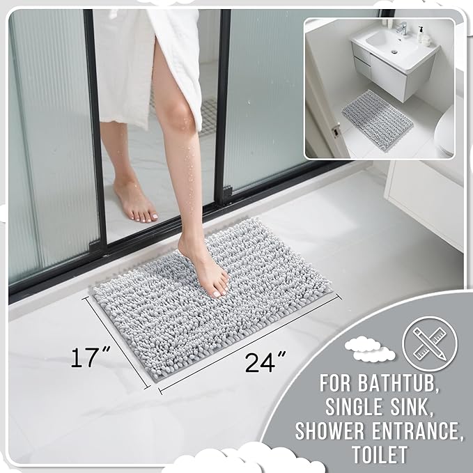 Yimobra Bathroom Rugs Non Slip Washable - Ultra Soft Absorbent Chenille Bath Mat, Quick Dry Shaggy Floor Carpet for Tub Shower, Silver Home Decor Accessories, 24x17 Inch