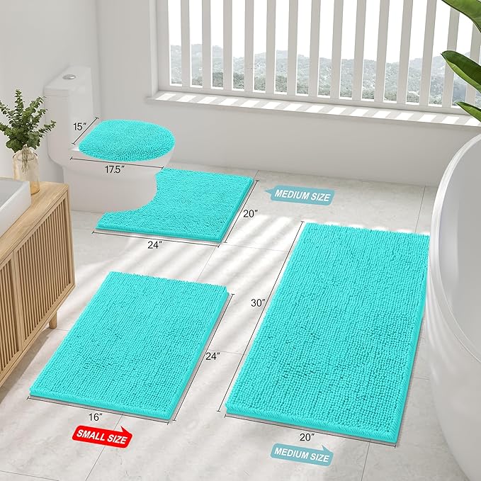 Smiry Luxury Chenille Bathroom Rugs 40x32, Extra Soft and Absorbent Shaggy Bath Mat, Machine Washable, Non-Slip Plush Carpet Runner for Tub, Shower, and Floor, Home Decor Accessories, Turquoise