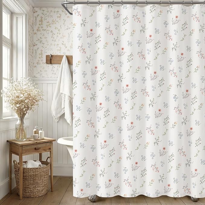 Floral Farmhouse Vintage Cotton Shower Curtain, French Country Shower Curtains for Bathroom, 72Wx72H