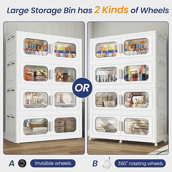 250Gal Extra Large Stackable Storage Bins with Lid & Wheels & Doors, 200QT/50GAL 5-Tiers Collapsible Closet Organizers Plastic Containers Drawers Boxes for Home Kitchen Bedroom, White