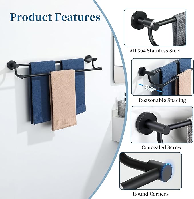 Alise Double Towel Bars,24 Inch Towel Rack for Bathroom, Wall Mount Towel Holder, Quick Drying Towel Hanger SUS304 Stainless Steel Towel Rail, Matte Black, GOY4600-B