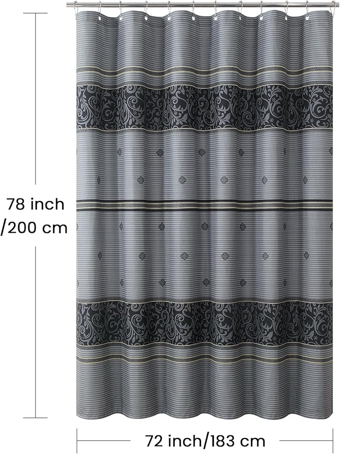 Fabric Shower Curtain, 78 Inch Long Grey and Black Print Waterproof Shower Curtains for Bathroom, 72" W x 78" H
