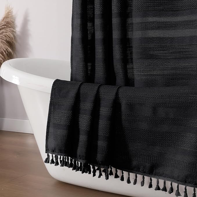 OVZME Black Stripe Shower Curtain for Bathroom, Boho Linen Textured Shower Curtain with Tassel, Minimalist Modern Heavy Duty Vintage Country Bathroom Curtain, 72Wx72L Inches