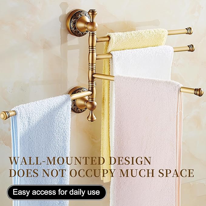 Wall Mounted Bathroom Folding Towel Rack, 4 Towel Bars Antique Brass Pattern Carving,Brushed Bronze