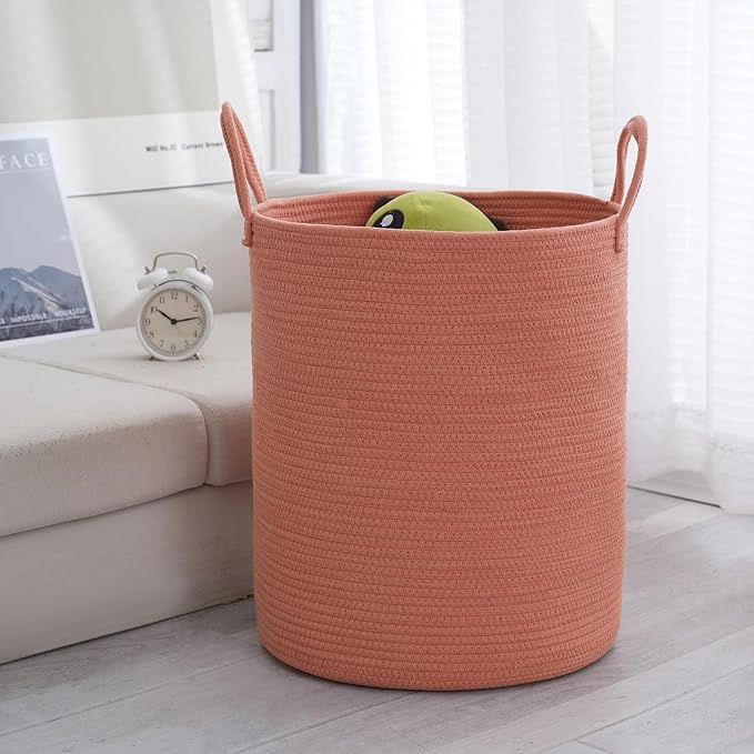 Woven Basket Nursery Laundry Hamper with Handles, Clothes Storage Organizer, Woven Basket for Boy Room Decor, Toy & Blanket Storage Bin, 15x15x18 Inch,Coral Pink,1pc
