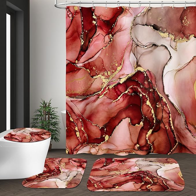 4PCS Burgundy Red Marble Shower Curtain Sets with Rugs, Abstract Bathroom Sets with Shower Curtain Rugs, Luxury Bathroom Curtains Shower Set with Toilet Lid Cover Modern for Bathroom Decor