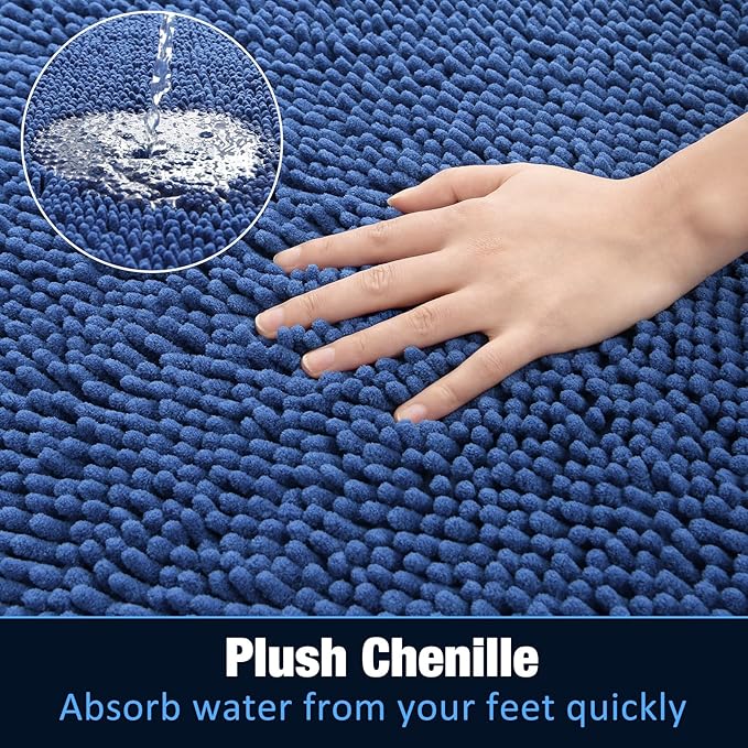 LOCHAS Luxury Bathroom Rug Shaggy Bath Mat 24 x 48 Inch, Washable Non Slip Bath Rugs for Bathroom Shower, Soft Plush Chenille Absorbent Carpets Mats, Blue