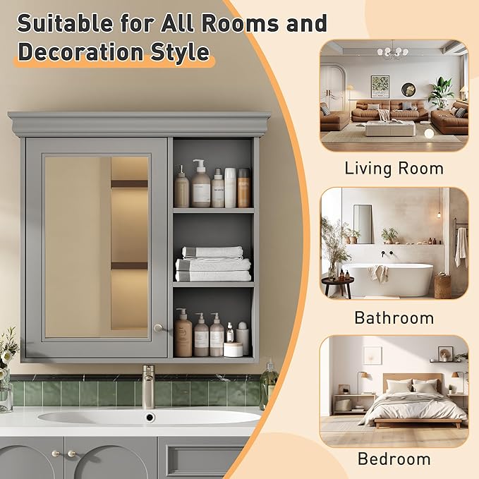 Merax Modern Bathroom Medicine Cabinet with Mirror, 30" x 28" Wall Mounted Medicine Cabinet with Storage and Open Shelves, Over The Toilet Mirrored Wall Storage