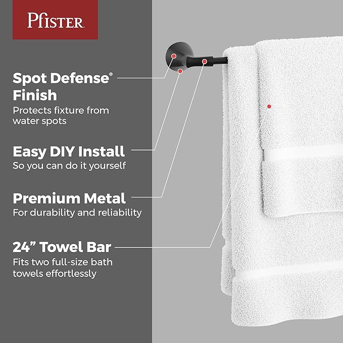 Pfister Willa Bath Towel Bar for Bathroom, 24-Inch, Wall-Mounted, Screw-in, Matte Black Finish, BTBWLL2B
