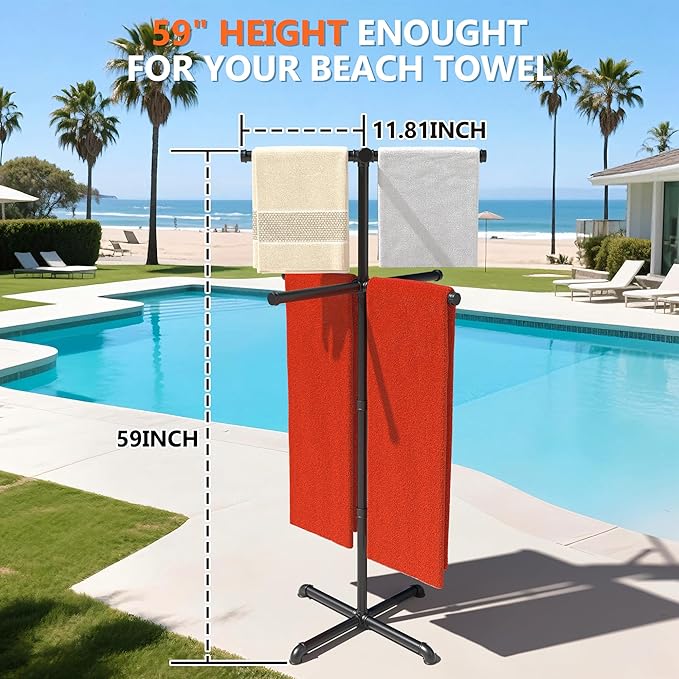 Hjarta Outdoor Towel Rack for Pool, 59 Inch Pool Towel Holder with 8 Bars, Poolside Towel Racks for Outdoor, Towel Drying Rack for Pool Area Outside, Bathroom, Spa, Hot Tub