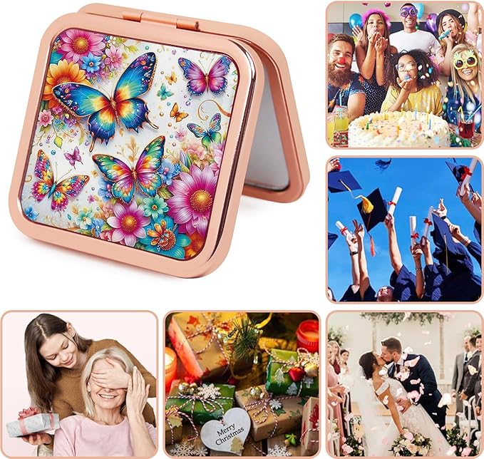 Compact Mirror for Women, Square Mini Pocket Travel Makeup Mirror, Pretty Portable Folding Small Pocket Mirror for Handbag, Purse, Double Sided Handheld Mirror(Rose Gold Butterfly)
