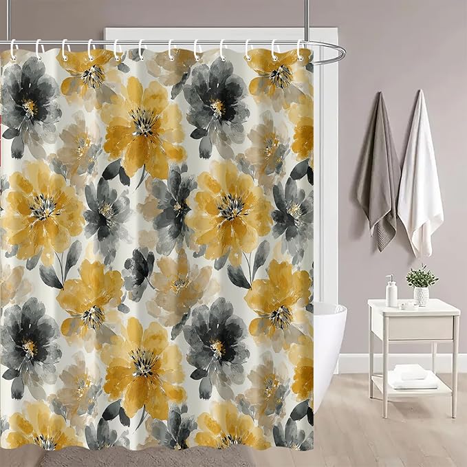 Yellow Grey Floral Shower Curtain 72x72 Inch Watercolor Flower Bathroom Curtain Modern Boho Style Machine Washable Decor